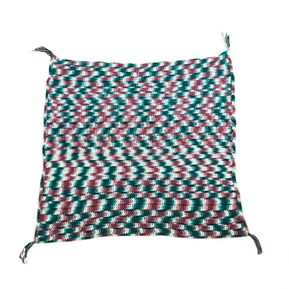 HANDMADE lap blanket, pink, green and white. Size 32x32 inch